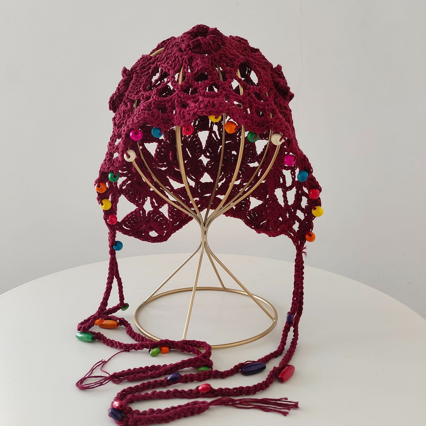 Flower Tassel Knitted Hat Pure Cotton Handmade Colorful Beads Retro Hollow