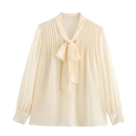 Long Sleeve Thin Top V-neck Apricot Bow Design