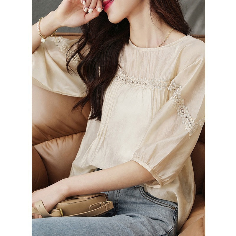 Design Sense Puff Sleeve Shirt Women's Lace