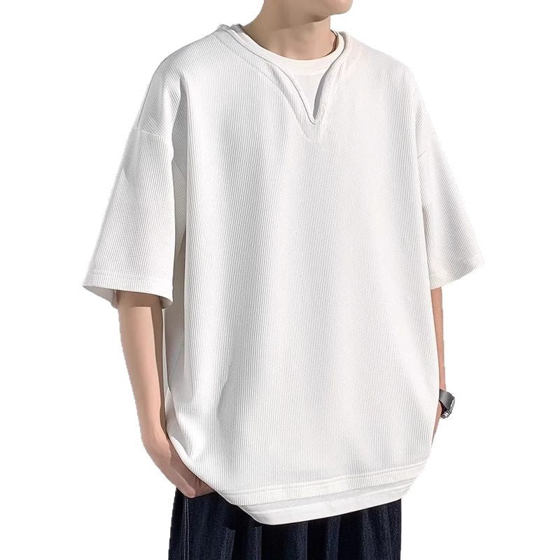 Henry Collar Fake Two Pieces Short Sleeve T-shirt Trendy Men Summer