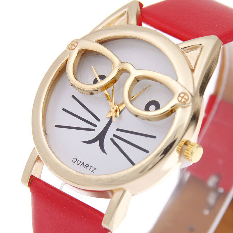 Cartoon Watch With Glasses Cat Student Belt Watch Women's Quartz Watch Gift Watch