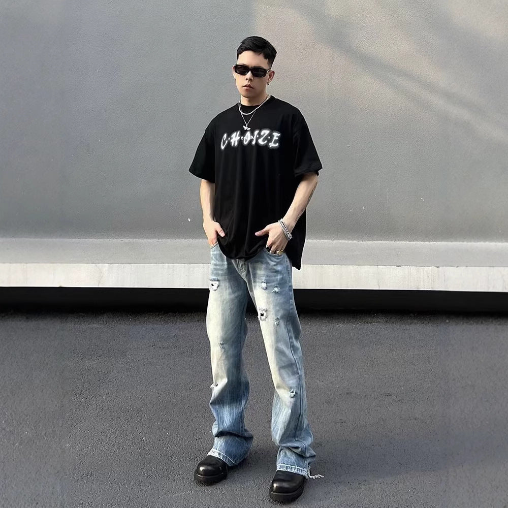 Washed Light Blue Ripped Jeans For Men