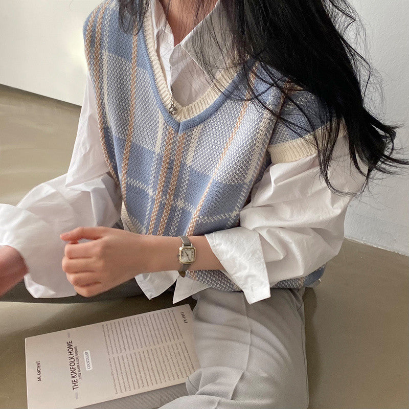 Autumn And Winter Plus Size Plaid Knitted Vest Sweater