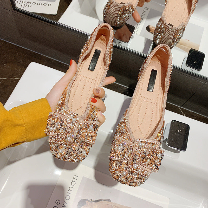 Gentle Flat Rhinestone Single Shoe New Fairy Pearl