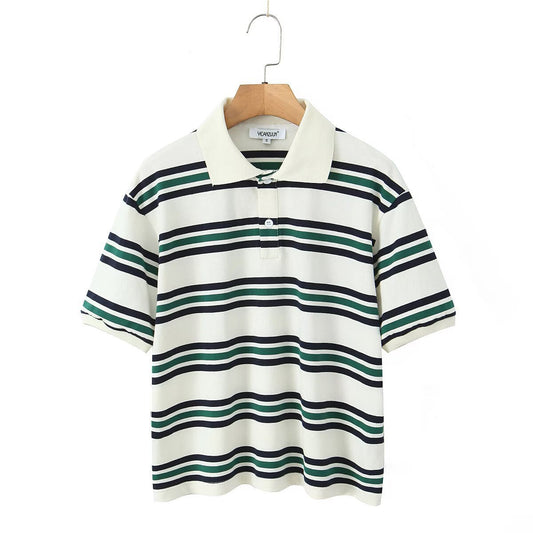 Retro Contrast Color Pure Cotton Striped Polo Shirt