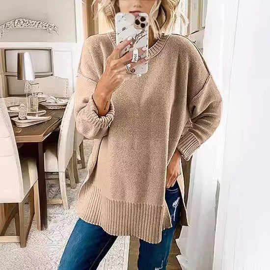 Women's Sweater Round Neck Side Slit Pullover