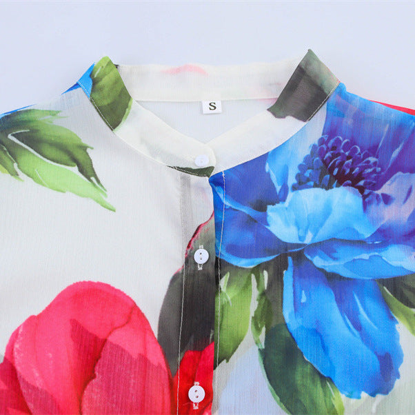 Wooden Ear Decorative Long Sleeve Chiffon Printed Shirt