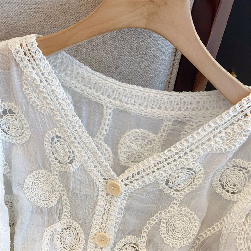 French Crochet Hollowed-out V-neck Lace Sweater