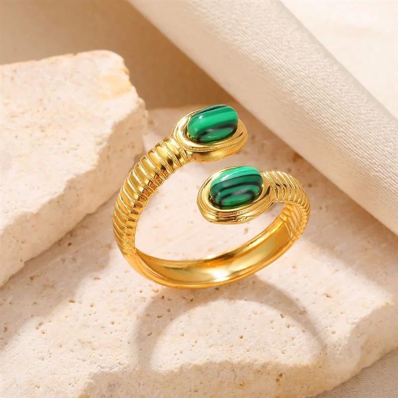 Stainless Steel Green Natural Stone Ring For Women Vintage