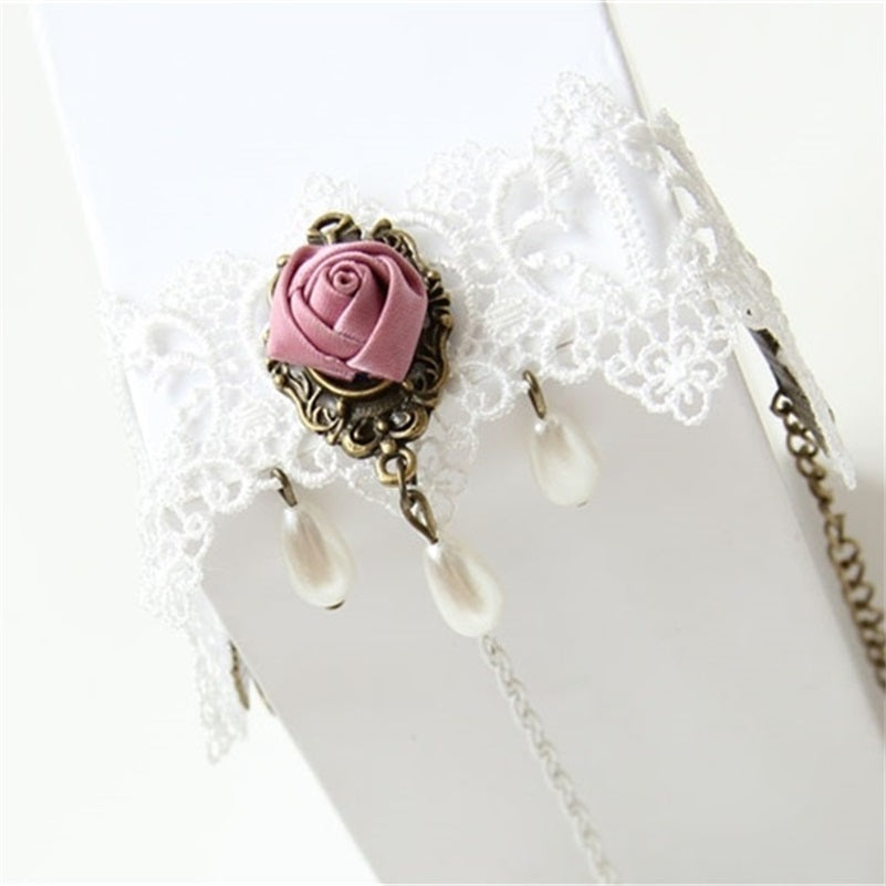 Vintage White Lace Water Drop Pearl Women's Bracelet With Ring