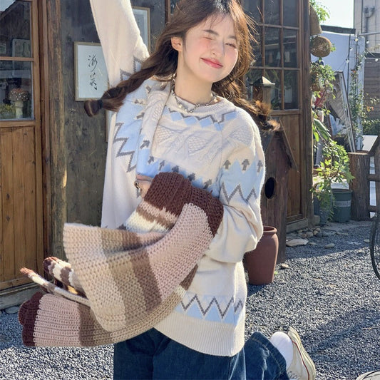 Loose Korean Style Rhombus Knitted Top