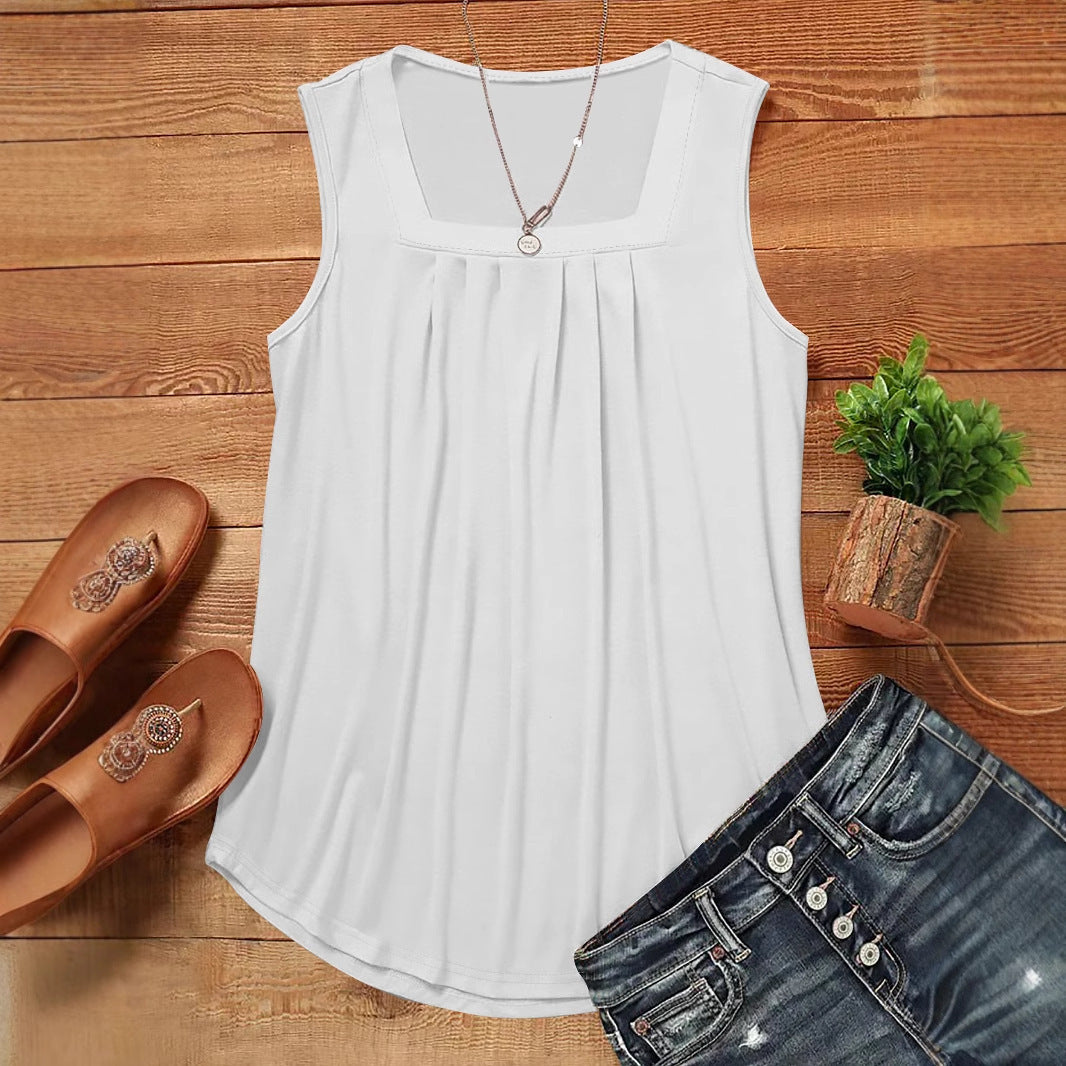 Women's Summer Pleated Square Collar Halter Loose Casual Print Sleeveless Vest