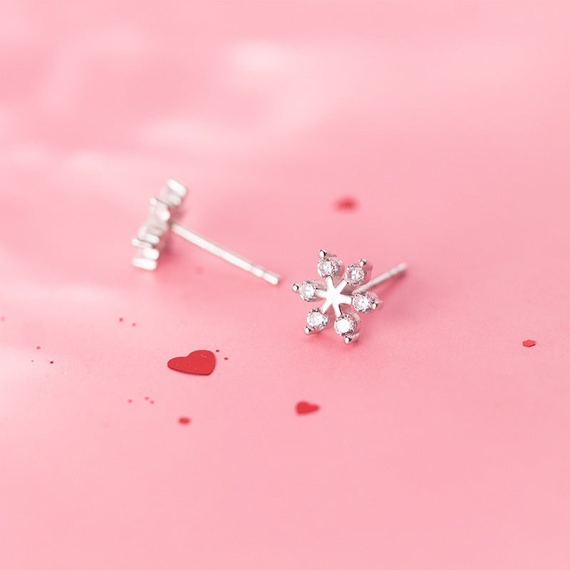 Sterling Silver Stud Earrings Snowflake Diamond Christmas