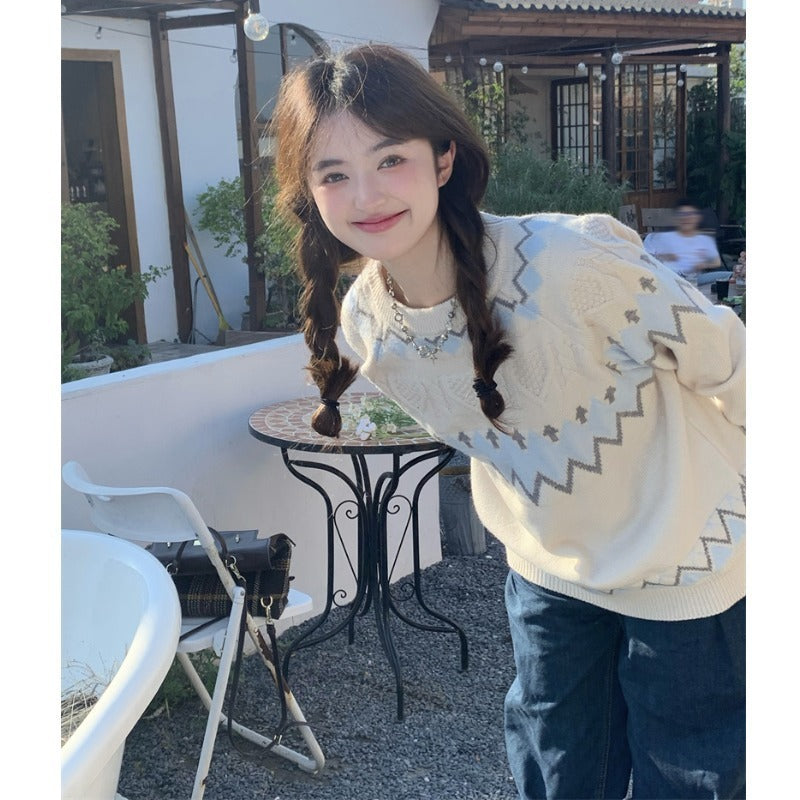 Loose Korean Style Rhombus Knitted Top