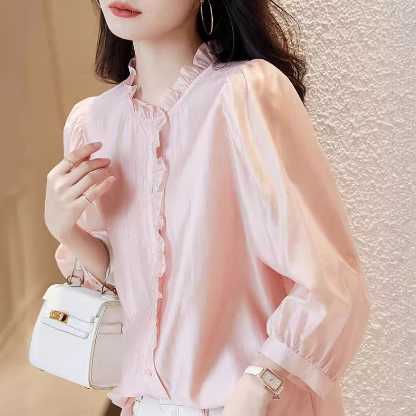 Nine-quarter Sleeve Shirt Women's Puff Sleeve Thin Solid Color Top