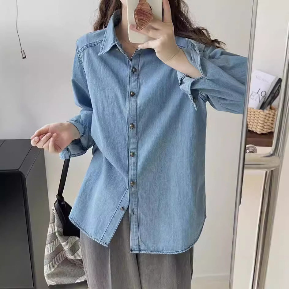 Blue Denim Shirt Jacket Women's Small Long-sleeved Top
