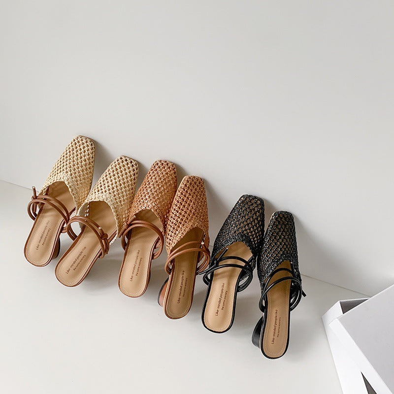 Women's French Style Square Toe Outdoor Hollow-out Breathable Retro Thick Heel Toe Box Half Slippers