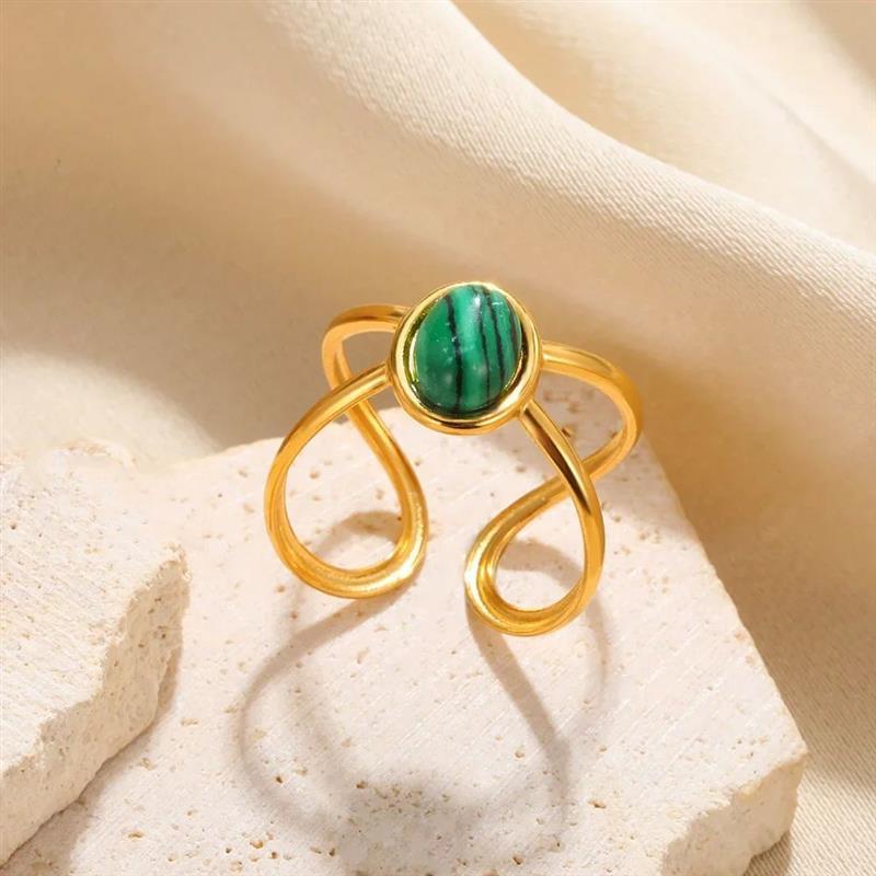 Stainless Steel Green Natural Stone Ring For Women Vintage
