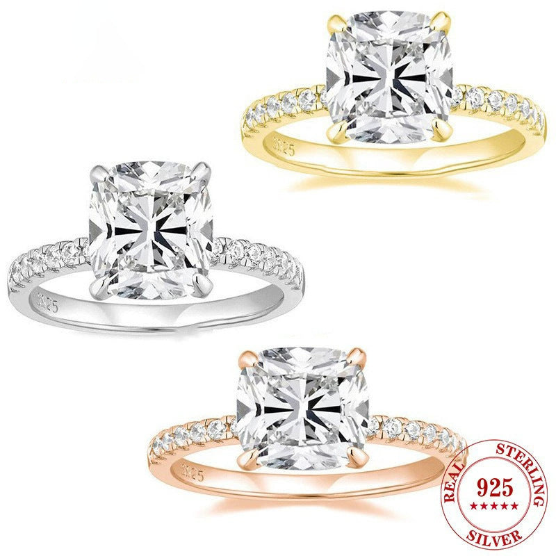 Four-claw Pillow-shaped 4 Karat Zircon 925 Silver Diamond Ring