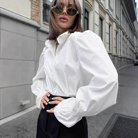 White Loose Puff Sleeves Shirt Women's Top