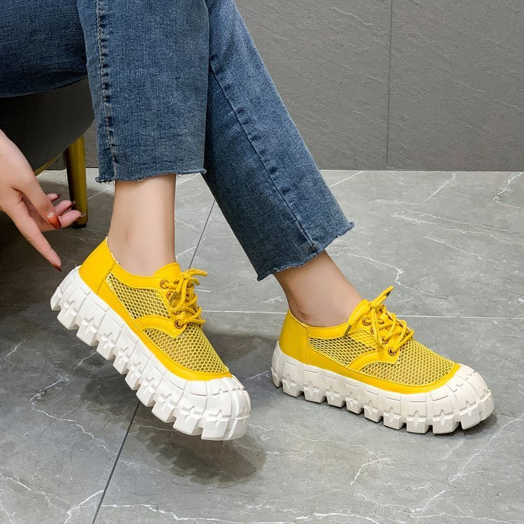 Round-toe Platform Sole Mid-heel Deep-mouth Single Shoe Lace-up Solid Color Women's Shoes