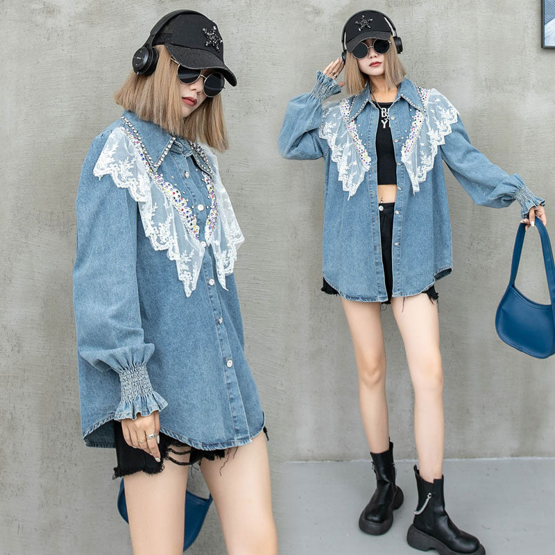 Ladies Lace Splicing Denim Long-sleeved Tops