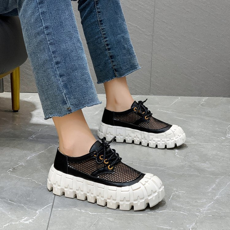 Round-toe Platform Sole Mid-heel Deep-mouth Single Shoe Lace-up Solid Color Women's Shoes