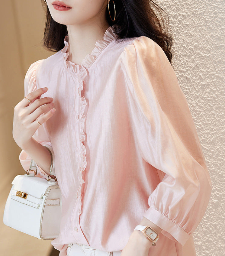 Nine-quarter Sleeve Shirt Women's Puff Sleeve Thin Solid Color Top