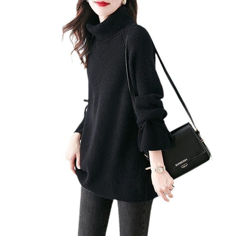 Fashion Design Sense Loose High Collar Lace-up Women's Mid-length Waist Slimming Sweater