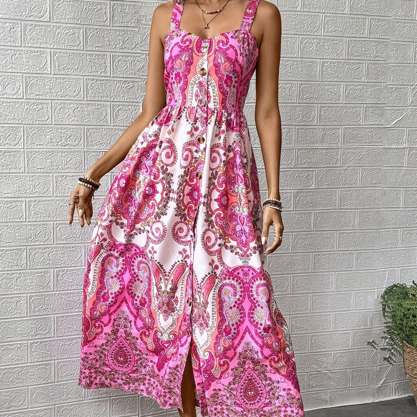 Women's Bohemian Style Printed Strappy Dress Maxi Women Outfit