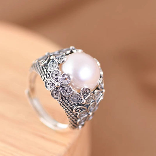 Vintage Silk Insert Silk Woven Design Pansy Pearl Ring