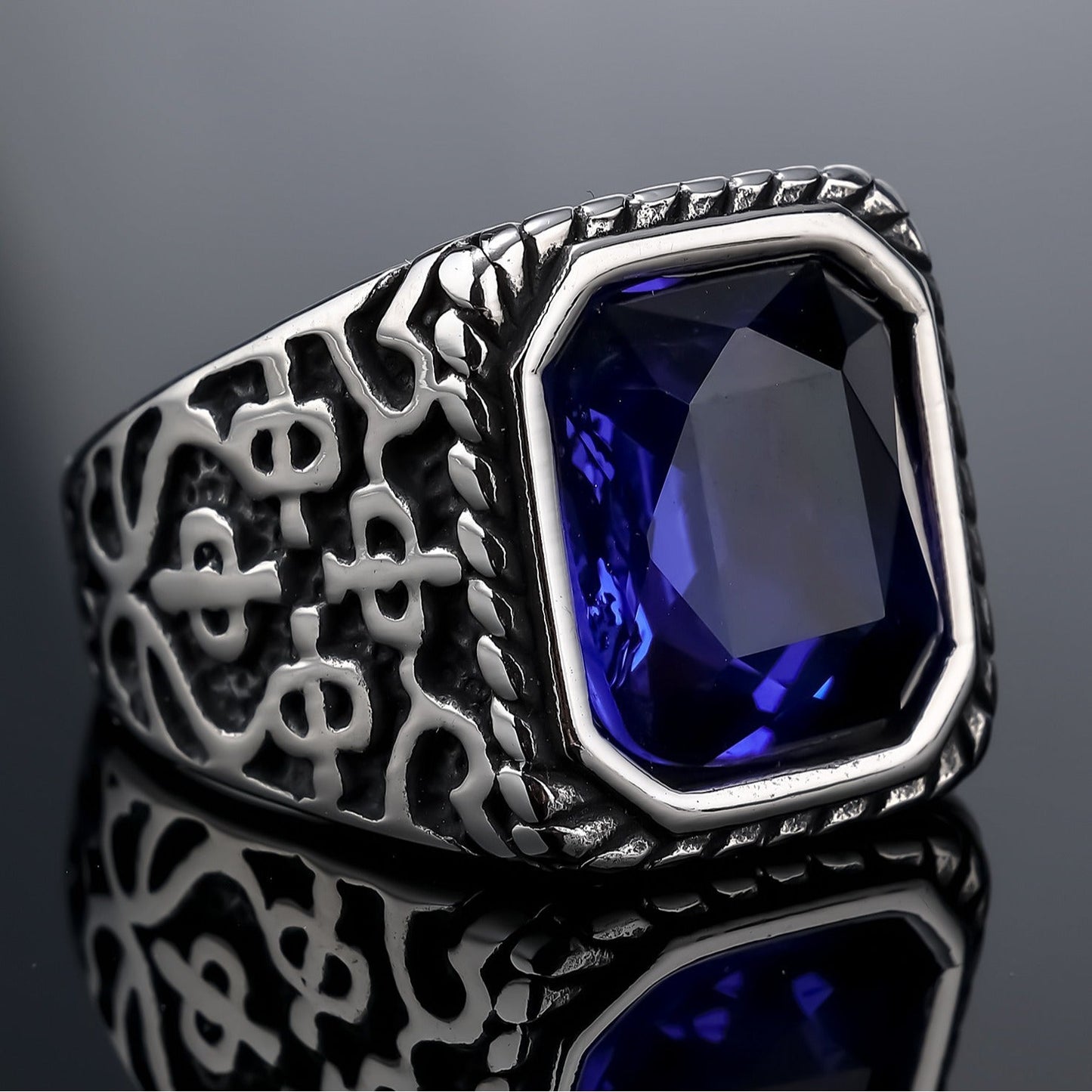 Stylish And Unique Vintage Rune Gemstone Stainless Steel Polished Ring