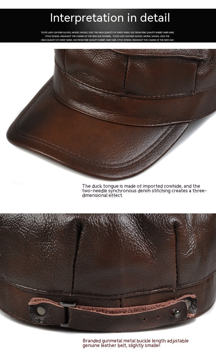 Autumn And Winter Men's Genuine Leather Octagonal Cap