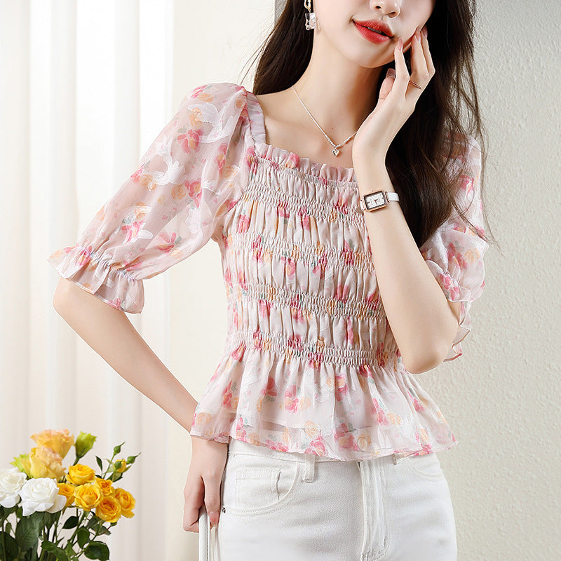 Women's French-style Square Collar Floral Shirt