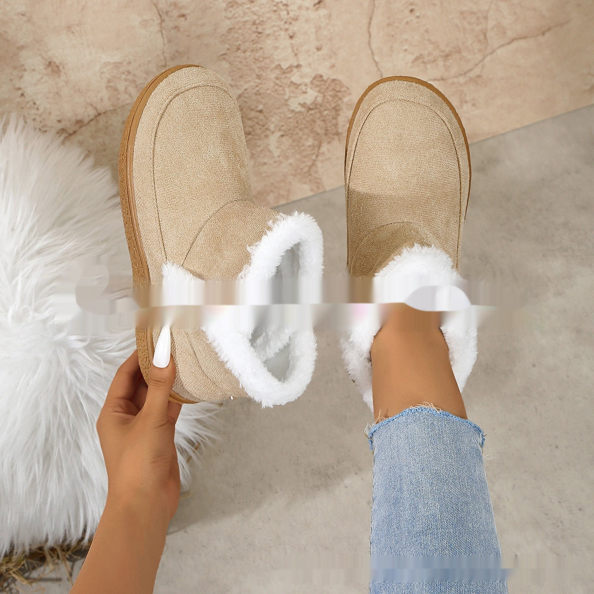 Insulated Cotton-padded Shoes Large Size Flat Bottom Solid Color Fleece Lined Padded Warm Keeping