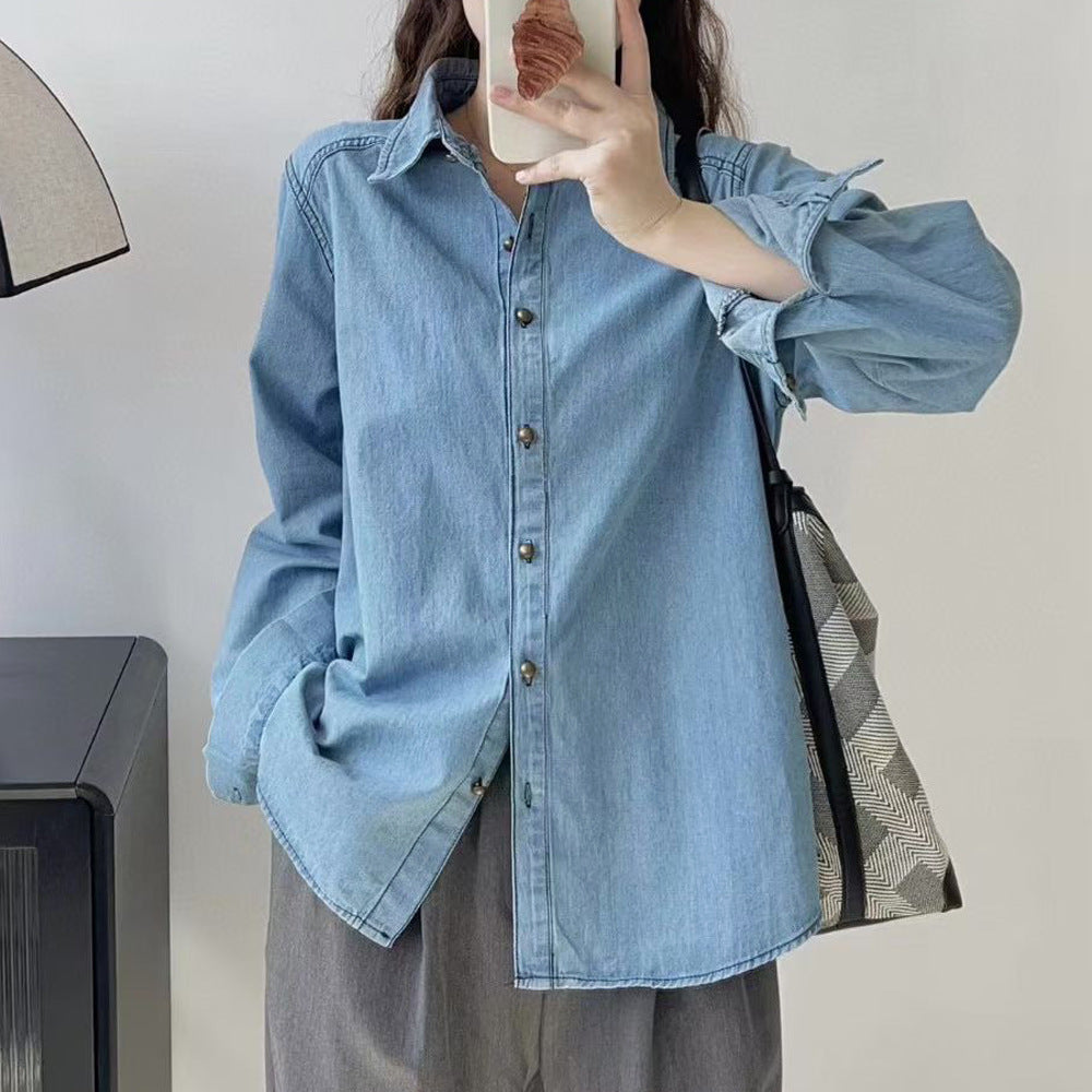 Blue Denim Shirt Jacket Women's Small Long-sleeved Top