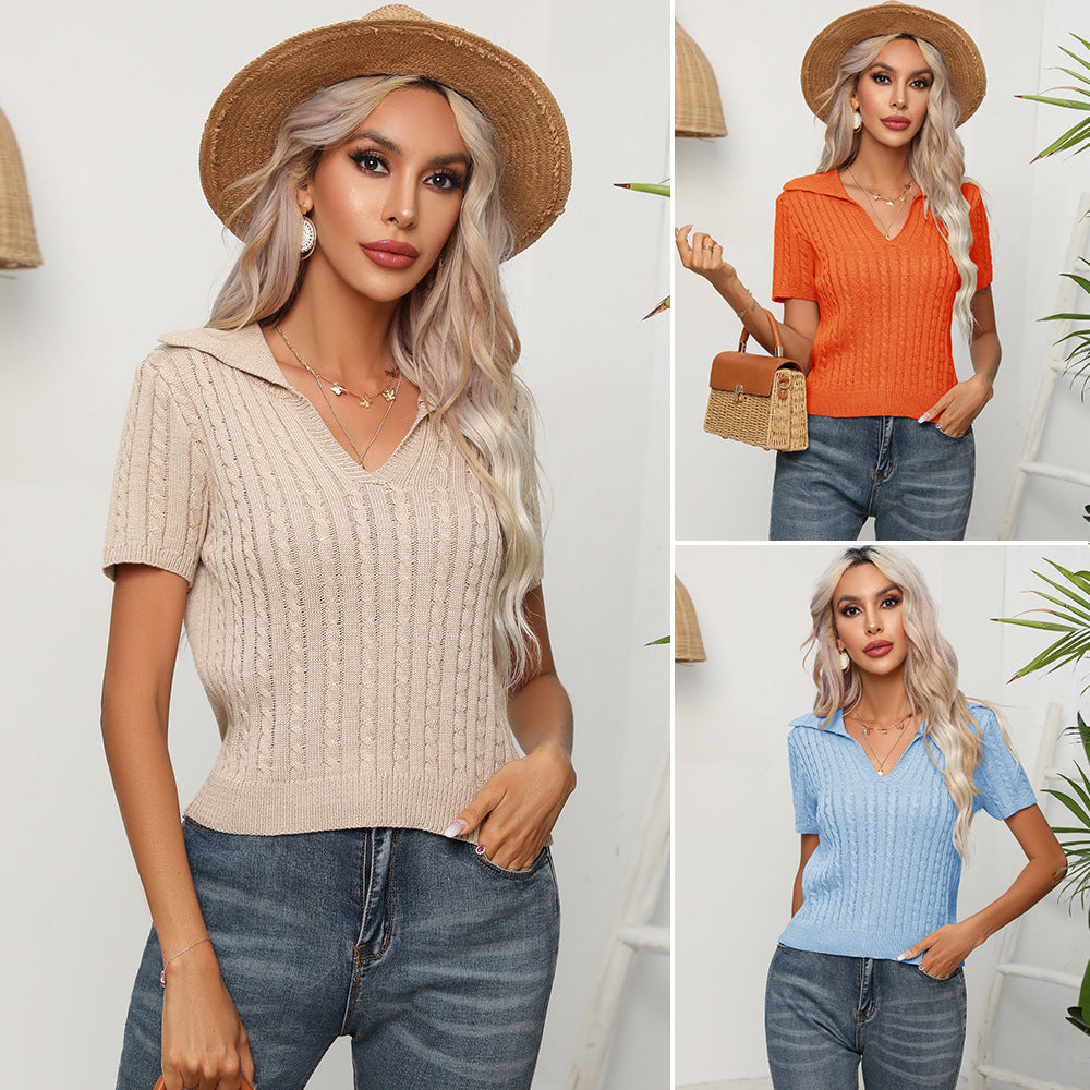 Women's Twist Lapel Short-sleeved Sweater