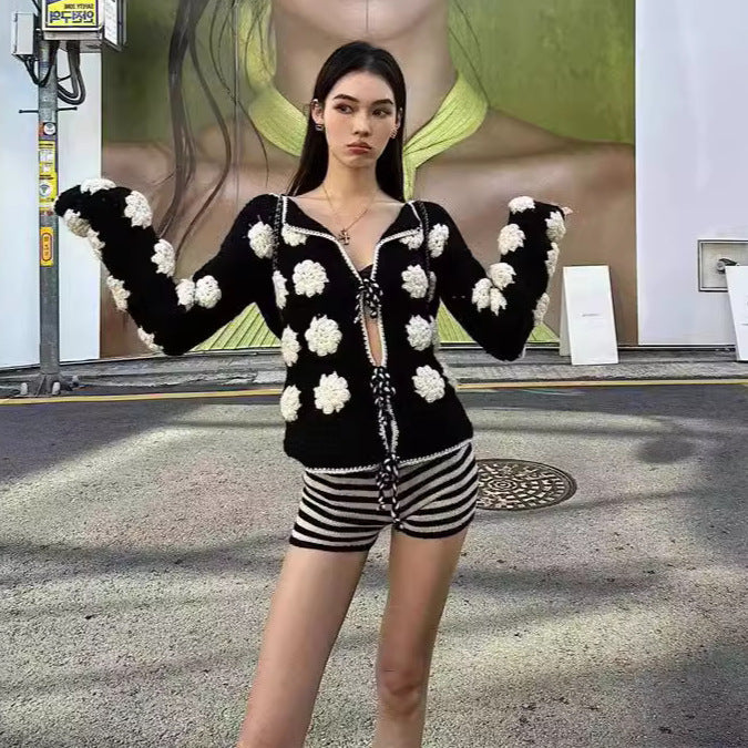 Women's French-style High-grade Heavy-duty Three-dimensional Crocheted Knitted Cardigan