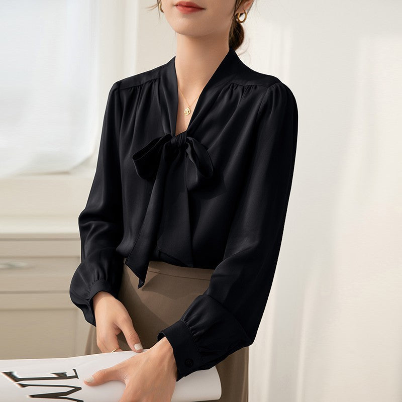 French Temperament Ribbon Bowknot Solid Color Business Shirt