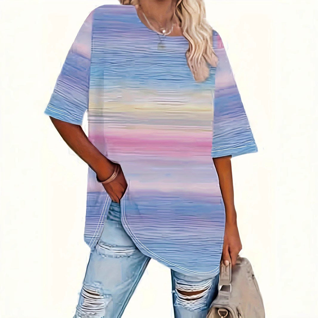 Round Neck Short Sleeve Gradient Print Loose Short Sleeve