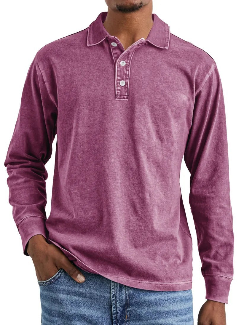 Retro Washed Distressed Cotton Lapel Long Sleeve Polo Shirt