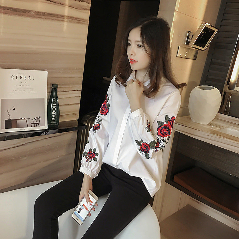 Striped Shirt Women's Long Sleeve Loose Flower Embroidered French Top