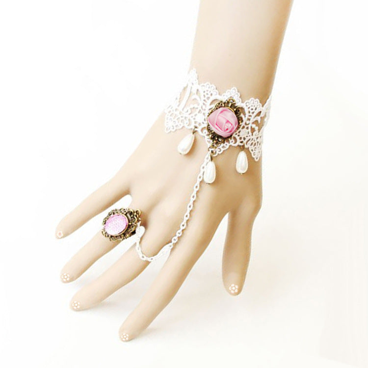 Vintage White Lace Water Drop Pearl Women's Bracelet With Ring