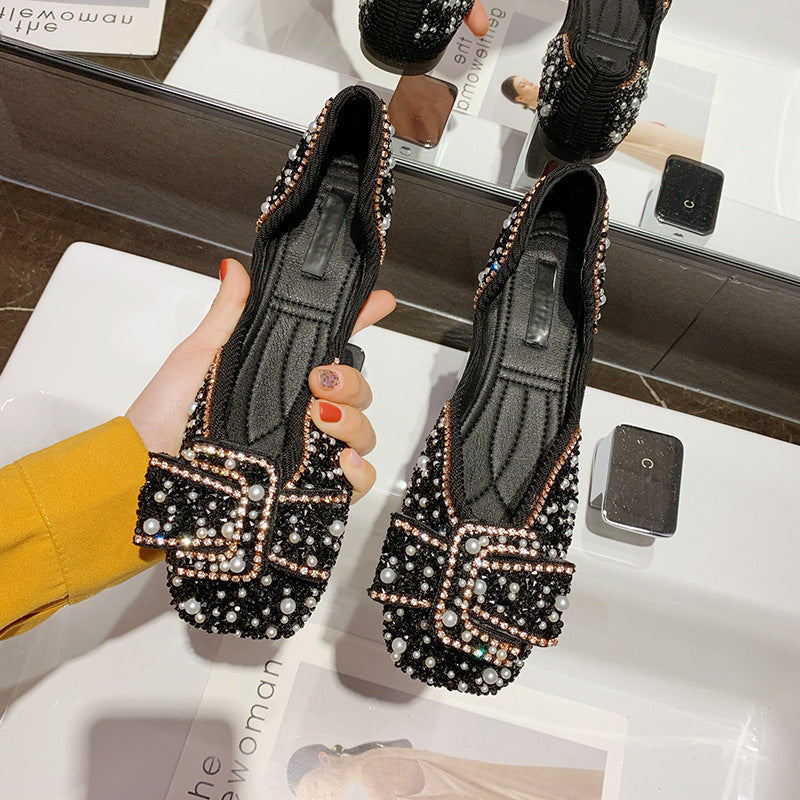 Gentle Flat Rhinestone Single Shoe New Fairy Pearl