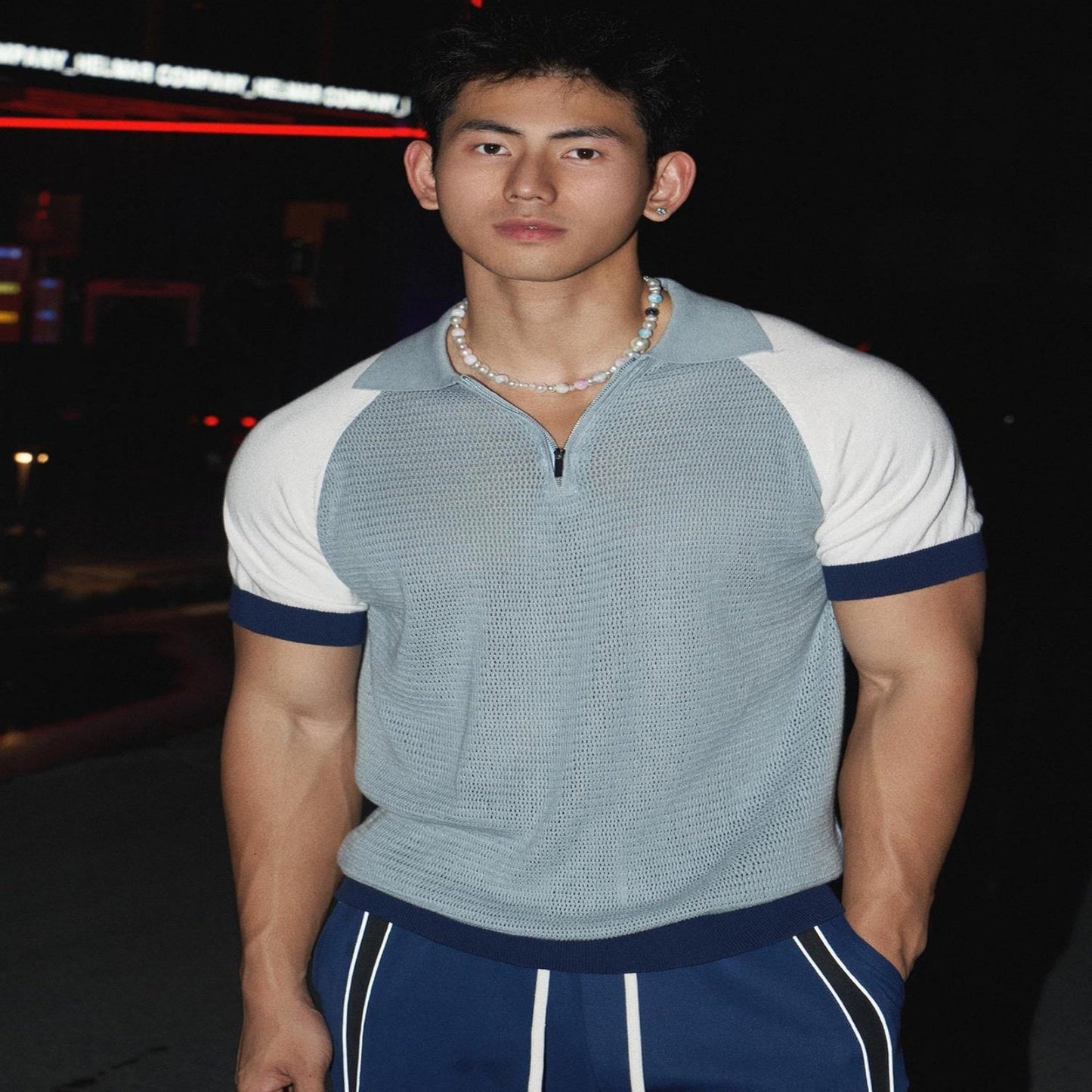 Raglan Sleeve Patchwork Knitting Lapel Short Sleeve Polo Shirt Men's T-shirt