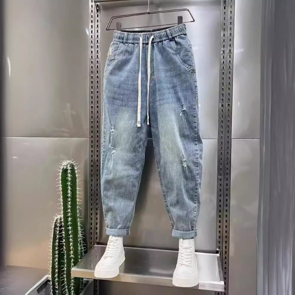 White Jeans Men's Light Blue Retro Casual Cropped