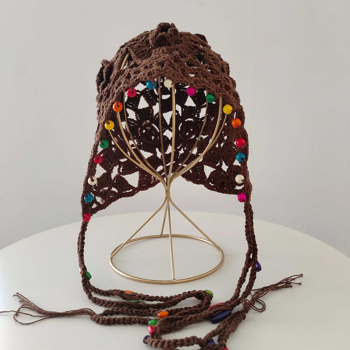 Flower Tassel Knitted Hat Pure Cotton Handmade Colorful Beads Retro Hollow