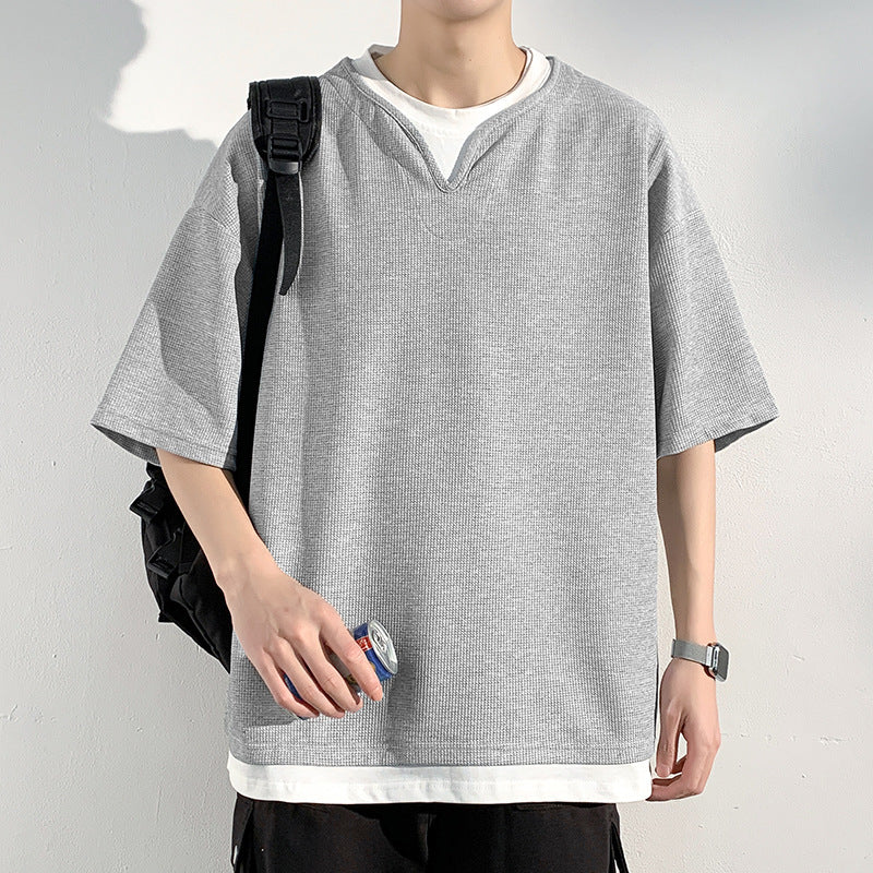 Henry Collar Fake Two Pieces Short Sleeve T-shirt Trendy Men Summer