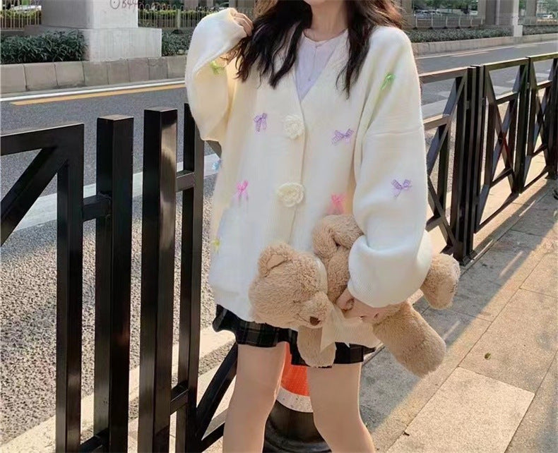 Women's Bow Knitted Cardigan Loose-fitting Oversized Sweater