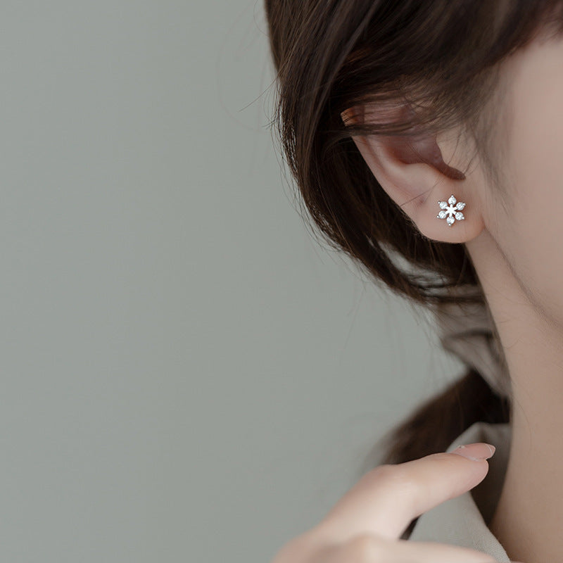 Sterling Silver Stud Earrings Snowflake Diamond Christmas
